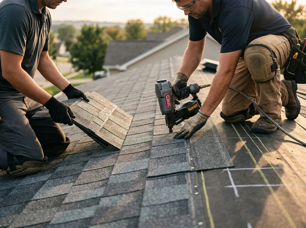 Professional roofer working on a residential roof in Newberry